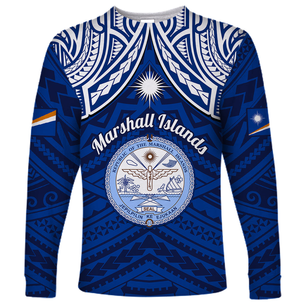 Personalised Marshall Islands Long Sleeve Shirt Blue Polynesian Tribal Mix Coat Of Arms - Wonder Print Shop
