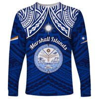 Personalised Marshall Islands Long Sleeve Shirt Blue Polynesian Tribal Mix Coat Of Arms - Wonder Print Shop