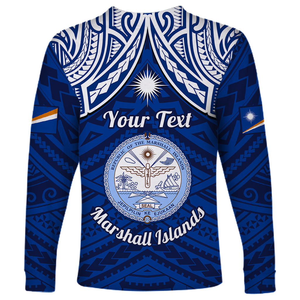 Personalised Marshall Islands Long Sleeve Shirt Blue Polynesian Tribal Mix Coat Of Arms - Wonder Print Shop