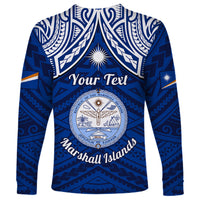 Personalised Marshall Islands Long Sleeve Shirt Blue Polynesian Tribal Mix Coat Of Arms - Wonder Print Shop