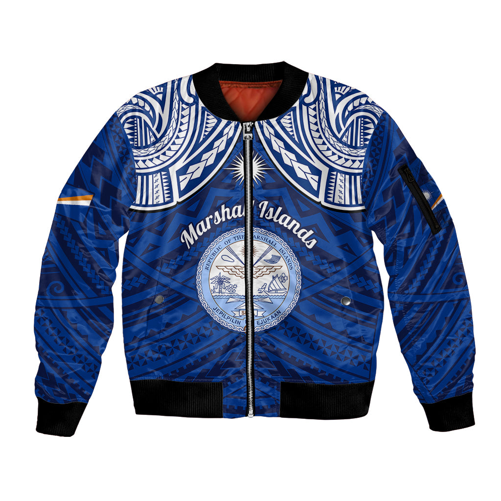 Personalised Marshall Islands Sleeve Zip Bomber Jacket Blue Polynesian Tribal Mix Coat Of Arms - Wonder Print Shop