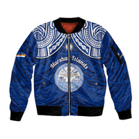 Personalised Marshall Islands Sleeve Zip Bomber Jacket Blue Polynesian Tribal Mix Coat Of Arms - Wonder Print Shop