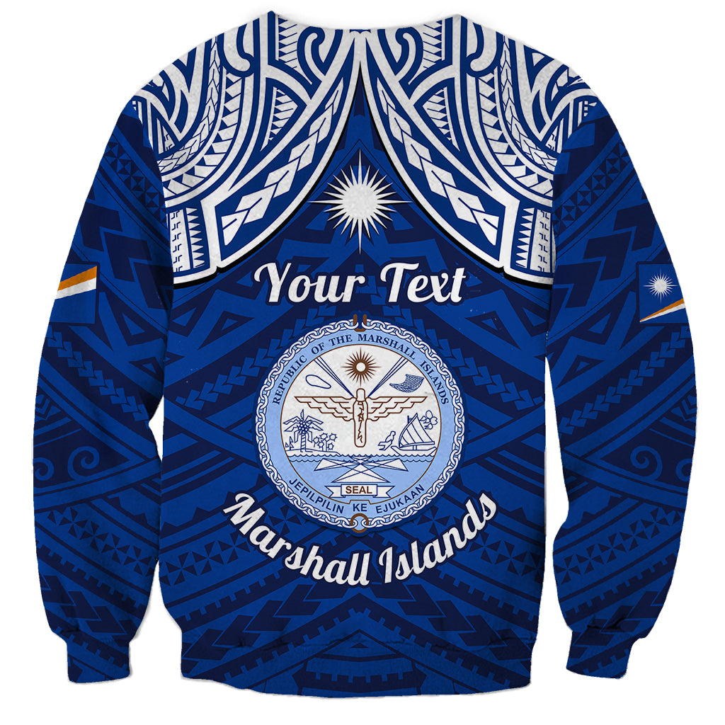 Personalised Marshall Islands Sweatshirt Blue Polynesian Tribal Mix Coat Of Arms - Wonder Print Shop