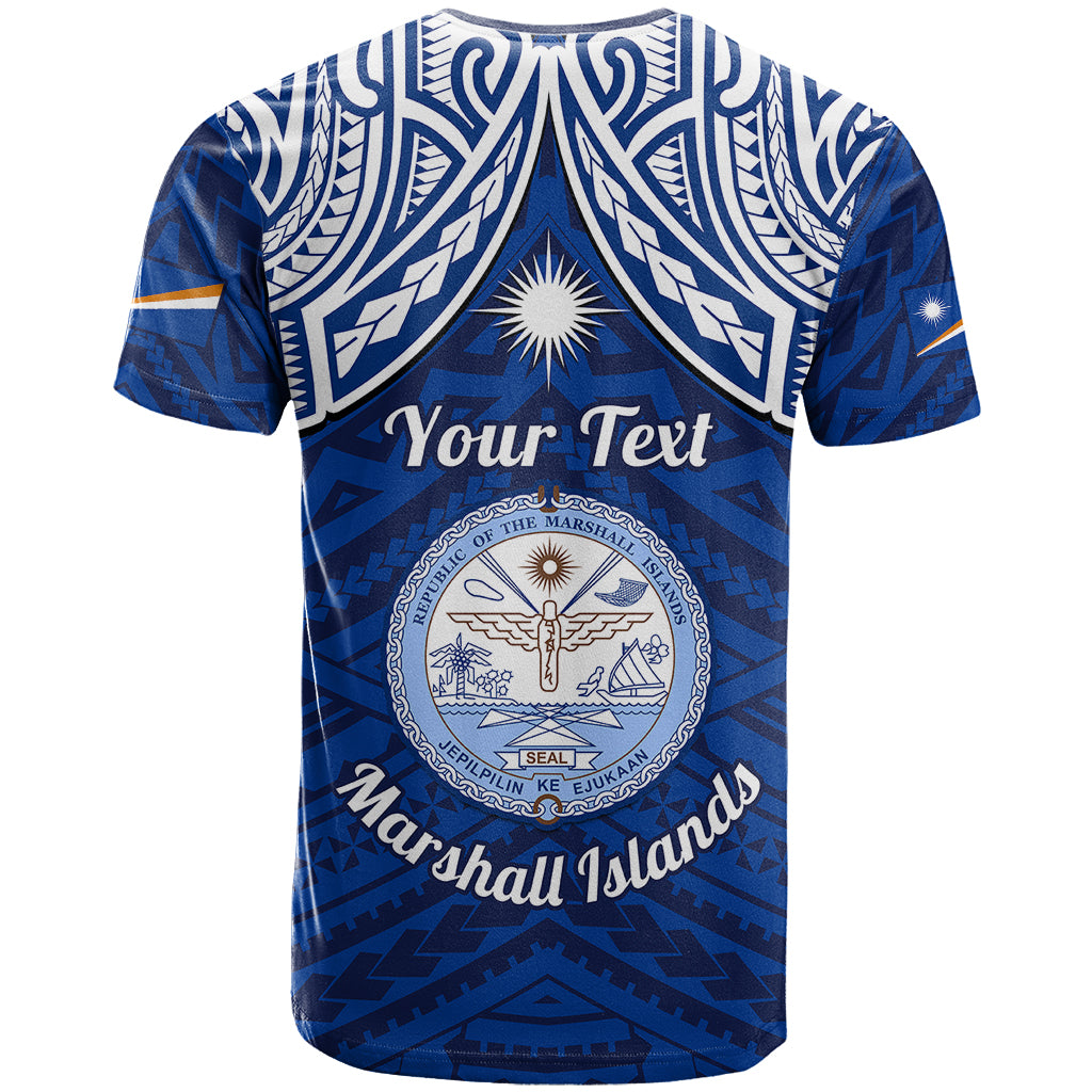 Personalised Marshall Islands T Shirt Blue Polynesian Tribal Mix Coat Of Arms - Wonder Print Shop