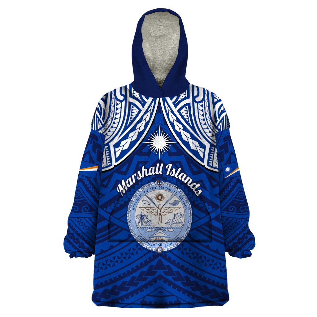 Personalised Marshall Islands Wearable Blanket Hoodie Blue Polynesian Tribal Mix Coat Of Arms - Wonder Print Shop