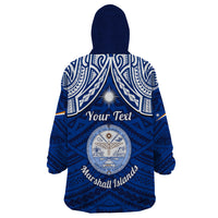 Personalised Marshall Islands Wearable Blanket Hoodie Blue Polynesian Tribal Mix Coat Of Arms - Wonder Print Shop