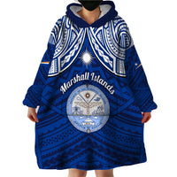 Personalised Marshall Islands Wearable Blanket Hoodie Blue Polynesian Tribal Mix Coat Of Arms - Wonder Print Shop