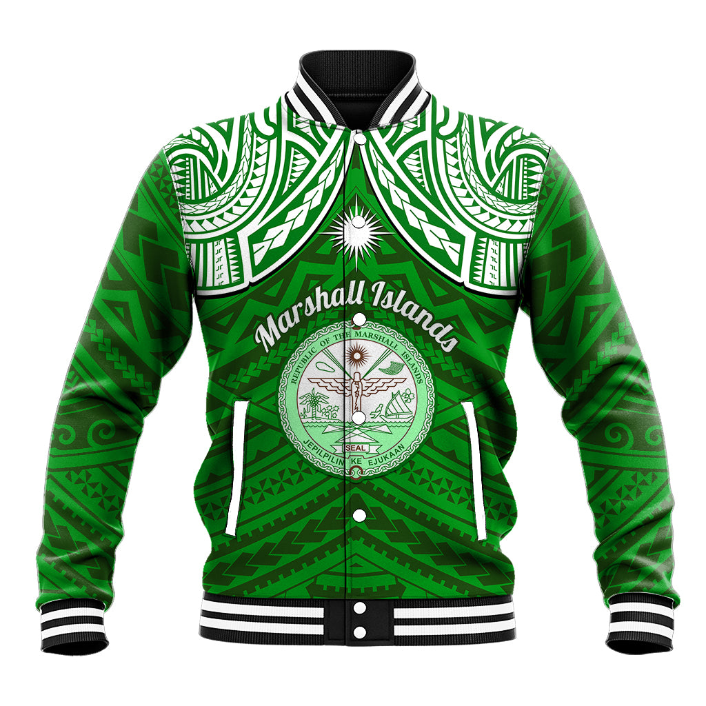 Personalised Marshall Islands Baseball Jacket Green Polynesian Tribal Mix Coat Of Arms - Wonder Print Shop