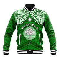 Personalised Marshall Islands Baseball Jacket Green Polynesian Tribal Mix Coat Of Arms - Wonder Print Shop