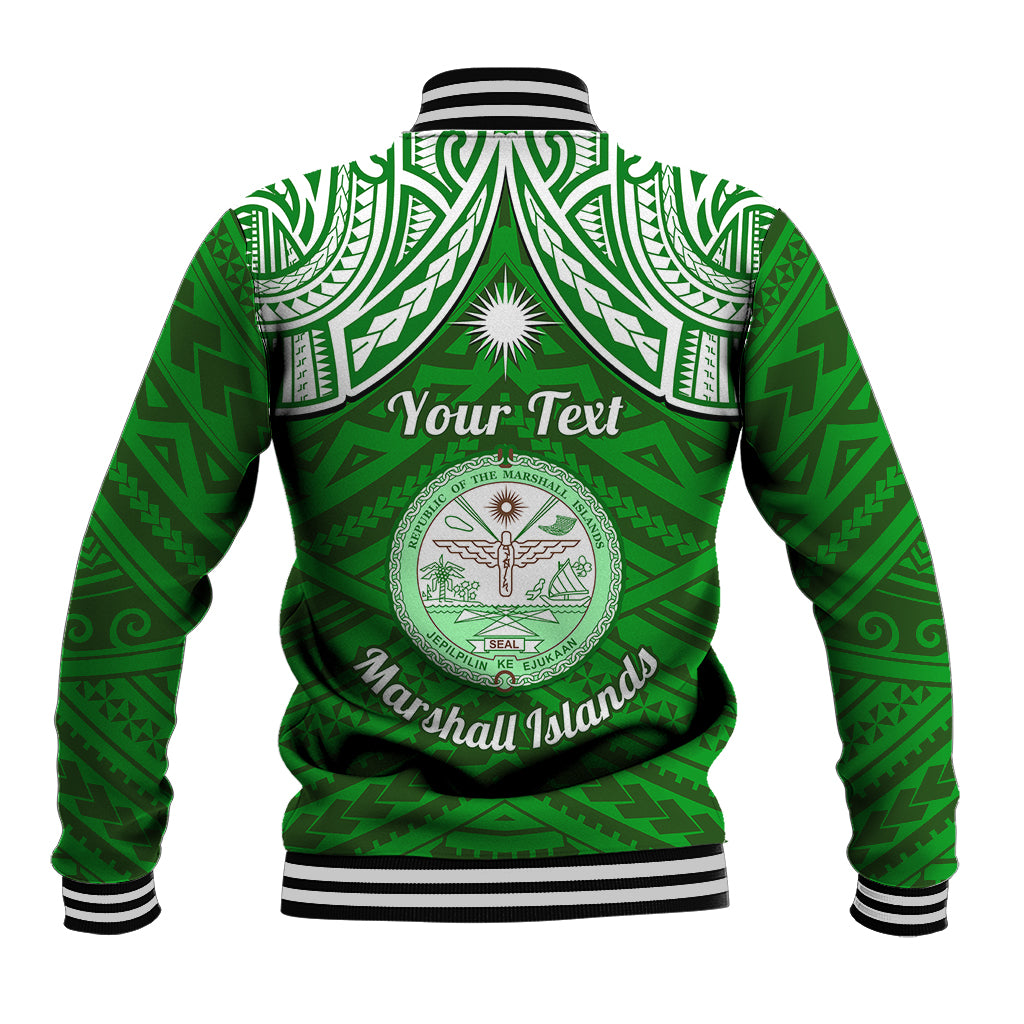 Personalised Marshall Islands Baseball Jacket Green Polynesian Tribal Mix Coat Of Arms - Wonder Print Shop