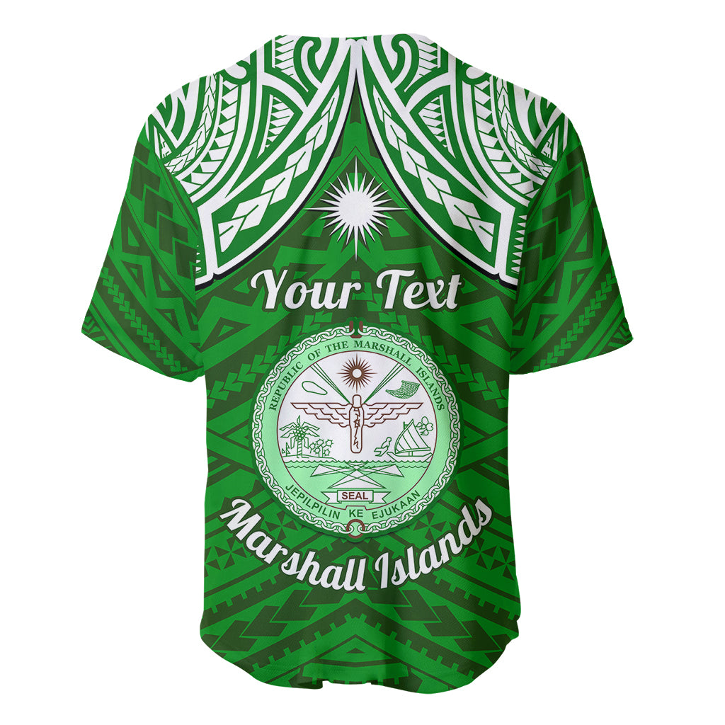 Personalised Marshall Islands Baseball Jersey Green Polynesian Tribal Mix Coat Of Arms - Wonder Print Shop