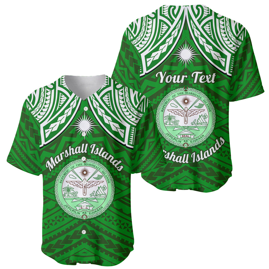 Personalised Marshall Islands Baseball Jersey Green Polynesian Tribal Mix Coat Of Arms - Wonder Print Shop