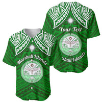 Personalised Marshall Islands Baseball Jersey Green Polynesian Tribal Mix Coat Of Arms - Wonder Print Shop