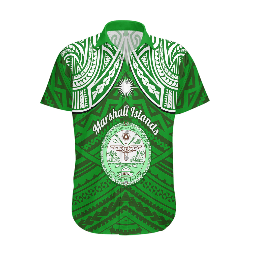 Personalised Marshall Islands Hawaiian Shirt Green Polynesian Tribal Mix Coat Of Arms - Wonder Print Shop
