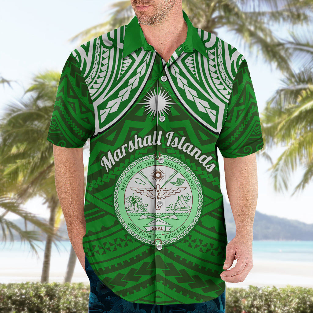 Personalised Marshall Islands Hawaiian Shirt Green Polynesian Tribal Mix Coat Of Arms - Wonder Print Shop