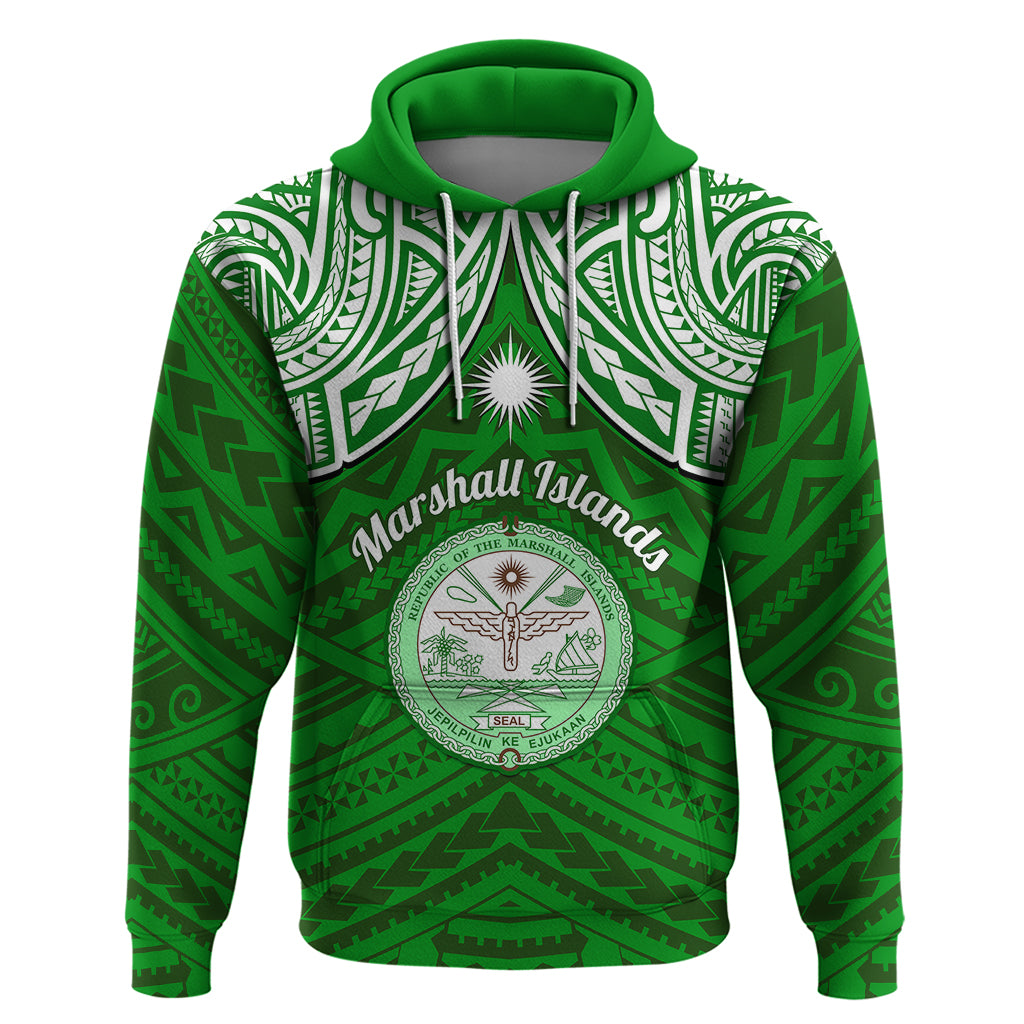 Personalised Marshall Islands Hoodie Green Polynesian Tribal Mix Coat Of Arms - Wonder Print Shop