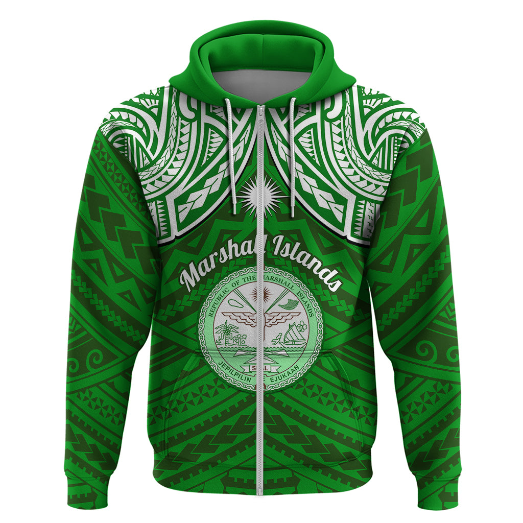 Personalised Marshall Islands Hoodie Green Polynesian Tribal Mix Coat Of Arms - Wonder Print Shop