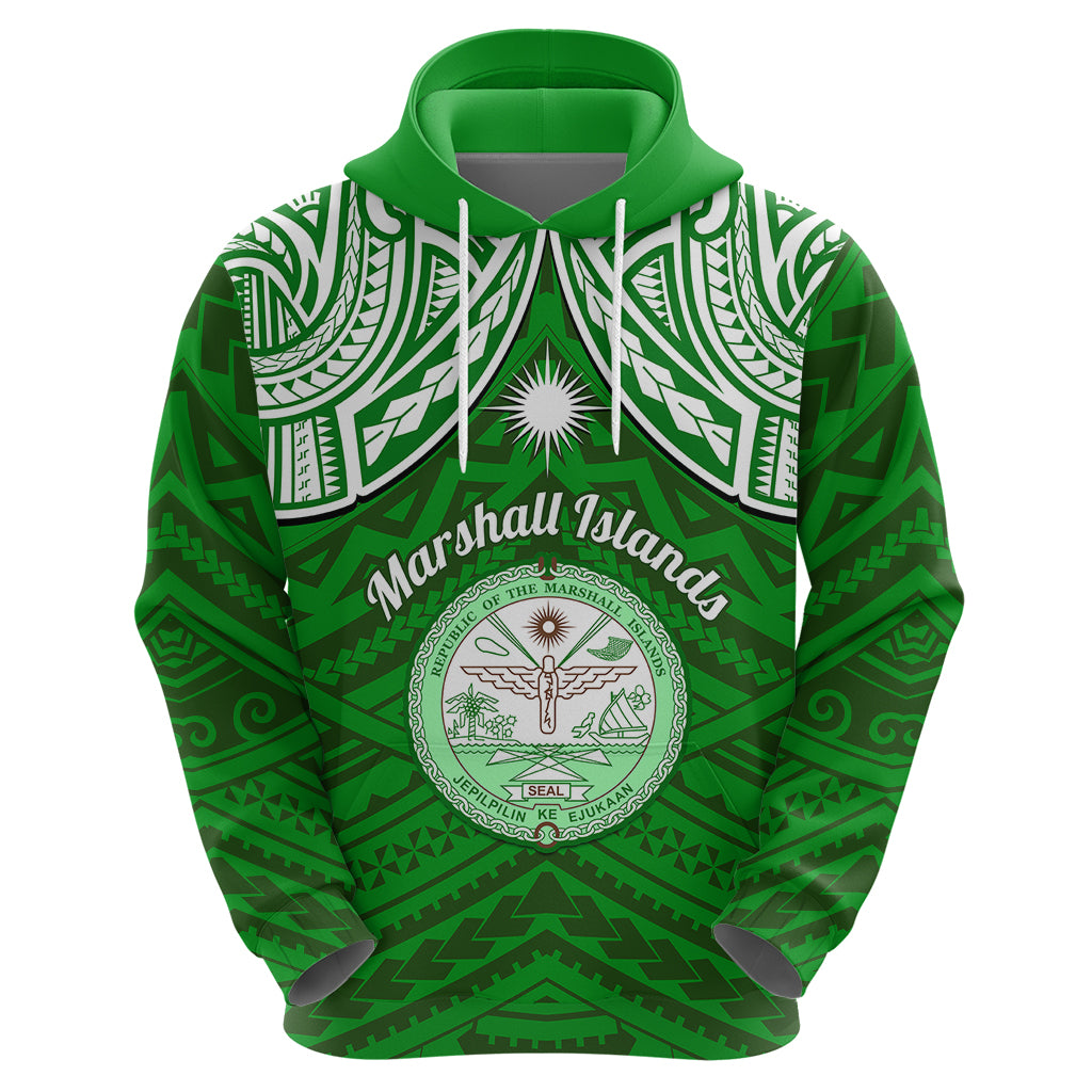 Personalised Marshall Islands Hoodie Green Polynesian Tribal Mix Coat Of Arms - Wonder Print Shop