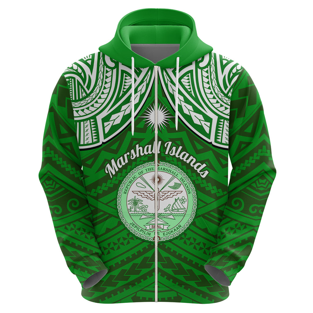 Personalised Marshall Islands Hoodie Green Polynesian Tribal Mix Coat Of Arms - Wonder Print Shop