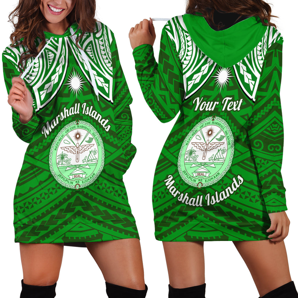 Personalised Marshall Islands Hoodie Dress Green Polynesian Tribal Mix Coat Of Arms - Wonder Print Shop