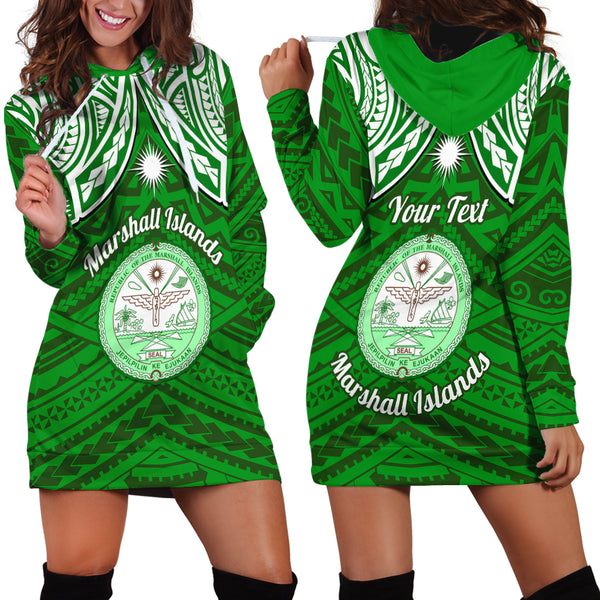 Personalised Marshall Islands Hoodie Dress Green Polynesian Tribal Mix ...