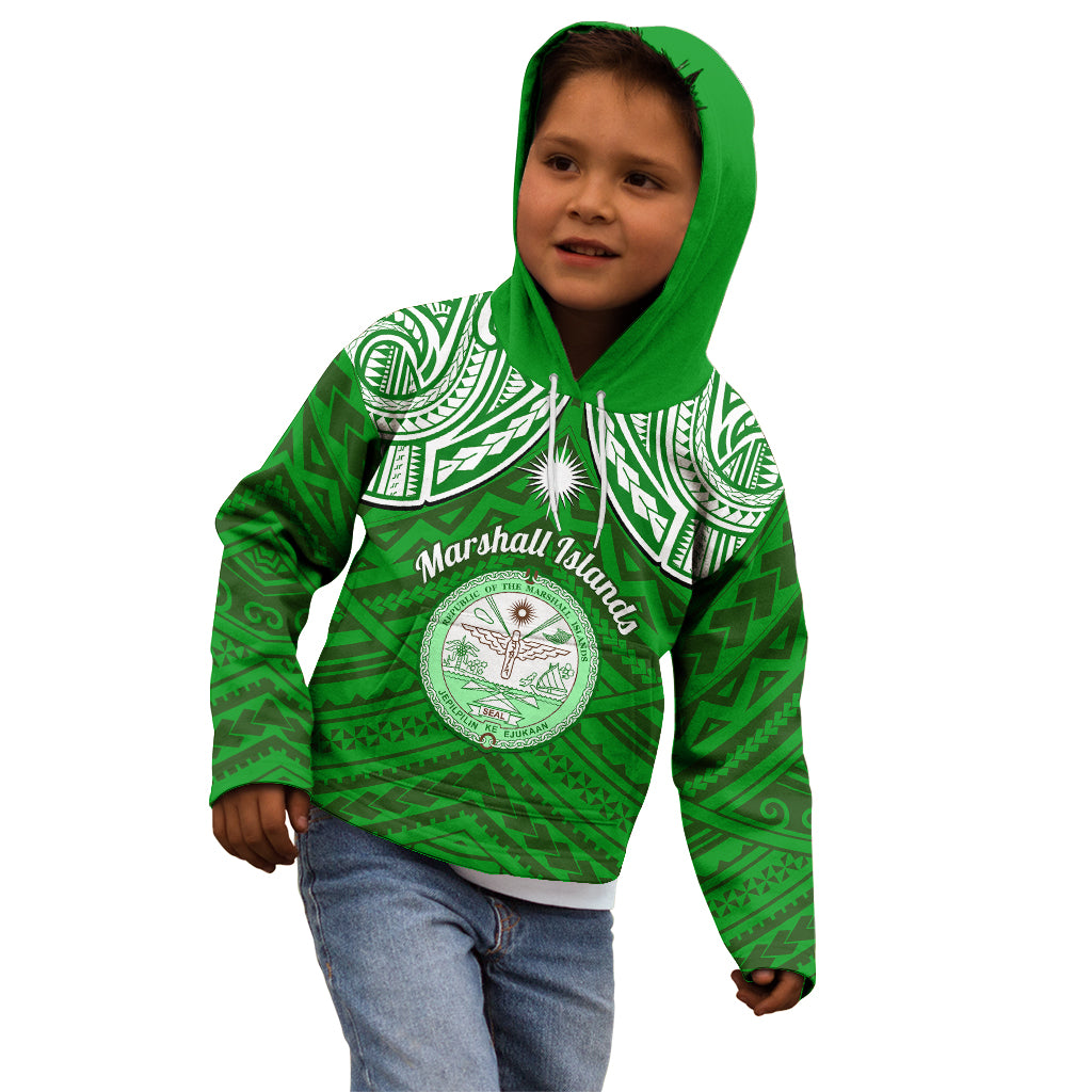 Personalised Marshall Islands Kid Hoodie Green Polynesian Tribal Mix Coat Of Arms - Wonder Print Shop