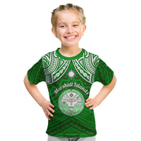 Personalised Marshall Islands Kid T Shirt Green Polynesian Tribal Mix Coat Of Arms - Wonder Print Shop
