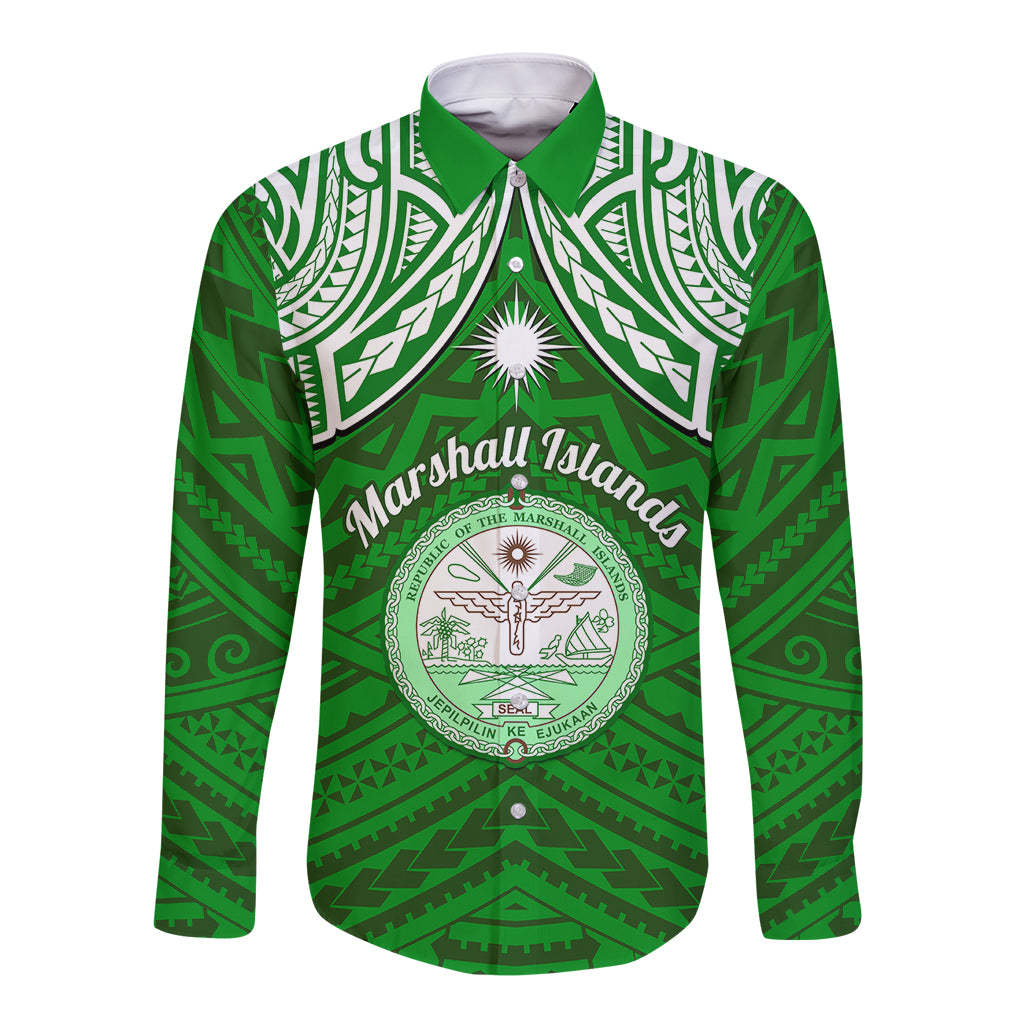 Personalised Marshall Islands Long Sleeve Button Shirt Green Polynesian Tribal Mix Coat Of Arms - Wonder Print Shop