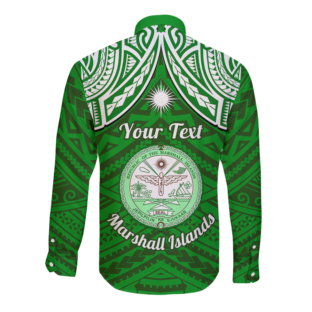 Personalised Marshall Islands Long Sleeve Button Shirt Green Polynesian Tribal Mix Coat Of Arms - Wonder Print Shop