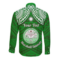 Personalised Marshall Islands Long Sleeve Button Shirt Green Polynesian Tribal Mix Coat Of Arms - Wonder Print Shop