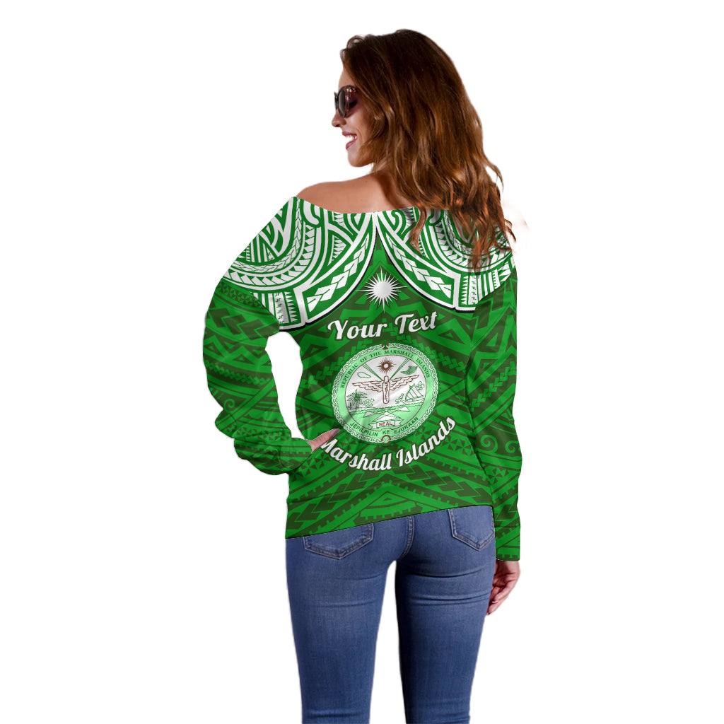 Personalised Marshall Islands Off Shoulder Sweater Green Polynesian Tribal Mix Coat Of Arms - Wonder Print Shop