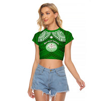 Personalised Marshall Islands Raglan Cropped T Shirt Green Polynesian Tribal Mix Coat Of Arms - Wonder Print Shop