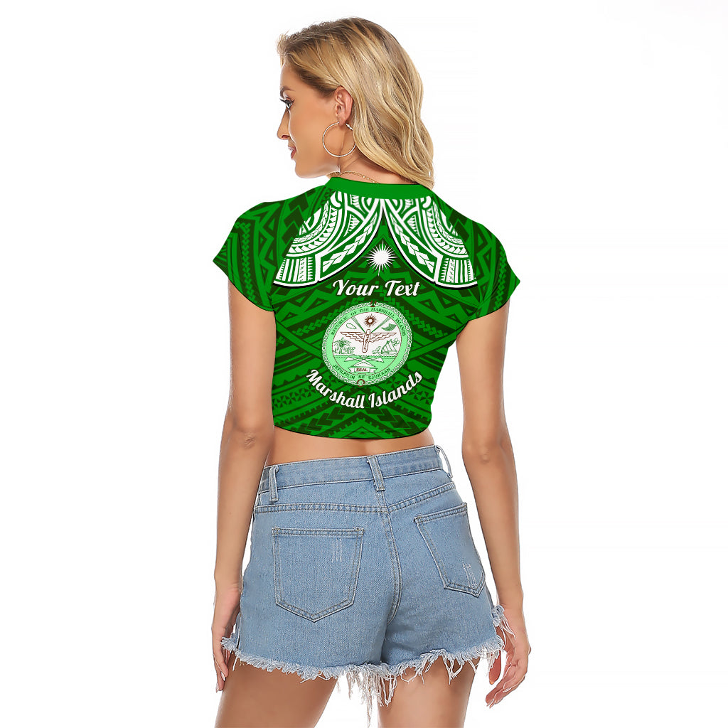 Personalised Marshall Islands Raglan Cropped T Shirt Green Polynesian Tribal Mix Coat Of Arms - Wonder Print Shop