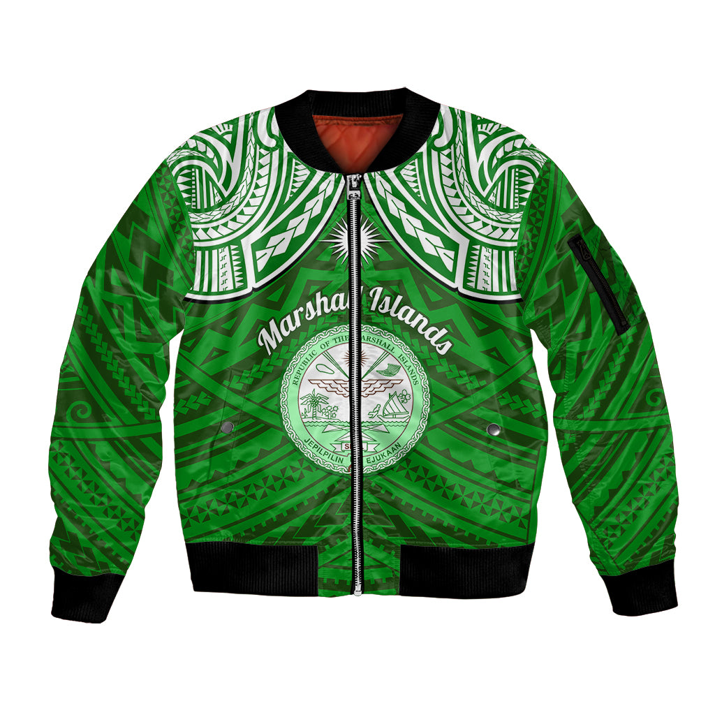 Personalised Marshall Islands Sleeve Zip Bomber Jacket Green Polynesian Tribal Mix Coat Of Arms - Wonder Print Shop