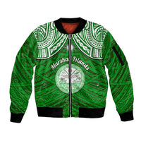 Personalised Marshall Islands Sleeve Zip Bomber Jacket Green Polynesian Tribal Mix Coat Of Arms - Wonder Print Shop