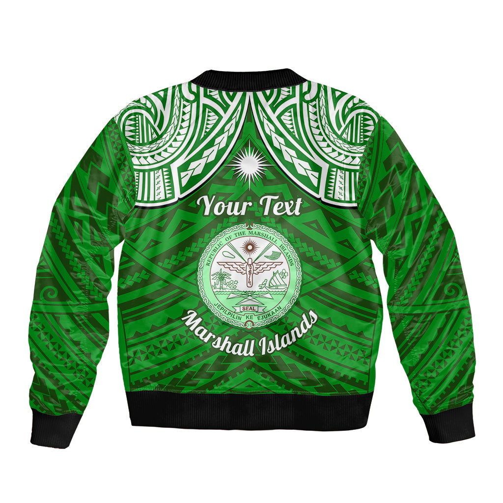 Personalised Marshall Islands Sleeve Zip Bomber Jacket Green Polynesian Tribal Mix Coat Of Arms - Wonder Print Shop