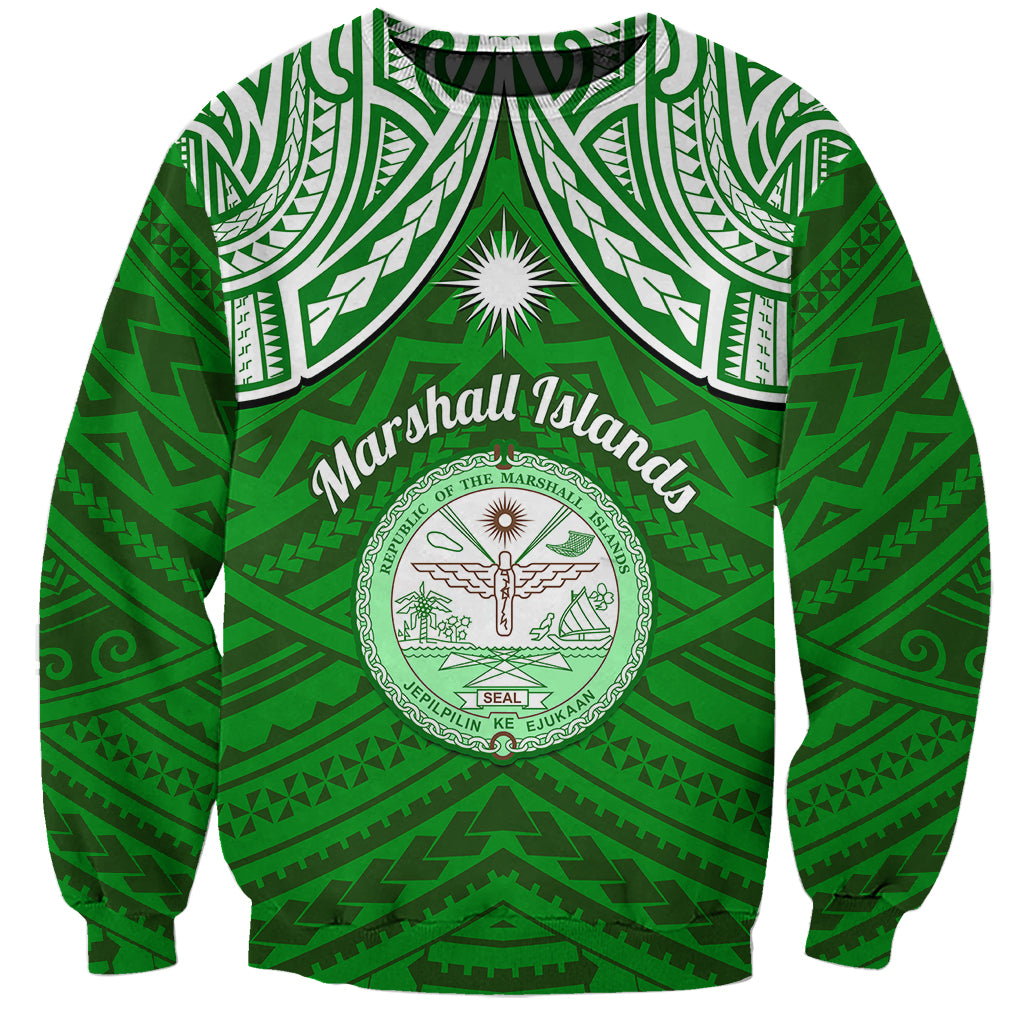 Personalised Marshall Islands Sweatshirt Green Polynesian Tribal Mix Coat Of Arms - Wonder Print Shop