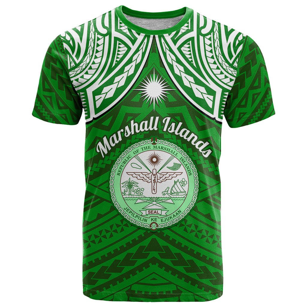 Personalised Marshall Islands T Shirt Green Polynesian Tribal Mix Coat Of Arms - Wonder Print Shop