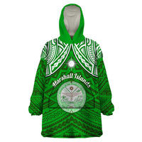 Personalised Marshall Islands Wearable Blanket Hoodie Green Polynesian Tribal Mix Coat Of Arms - Wonder Print Shop