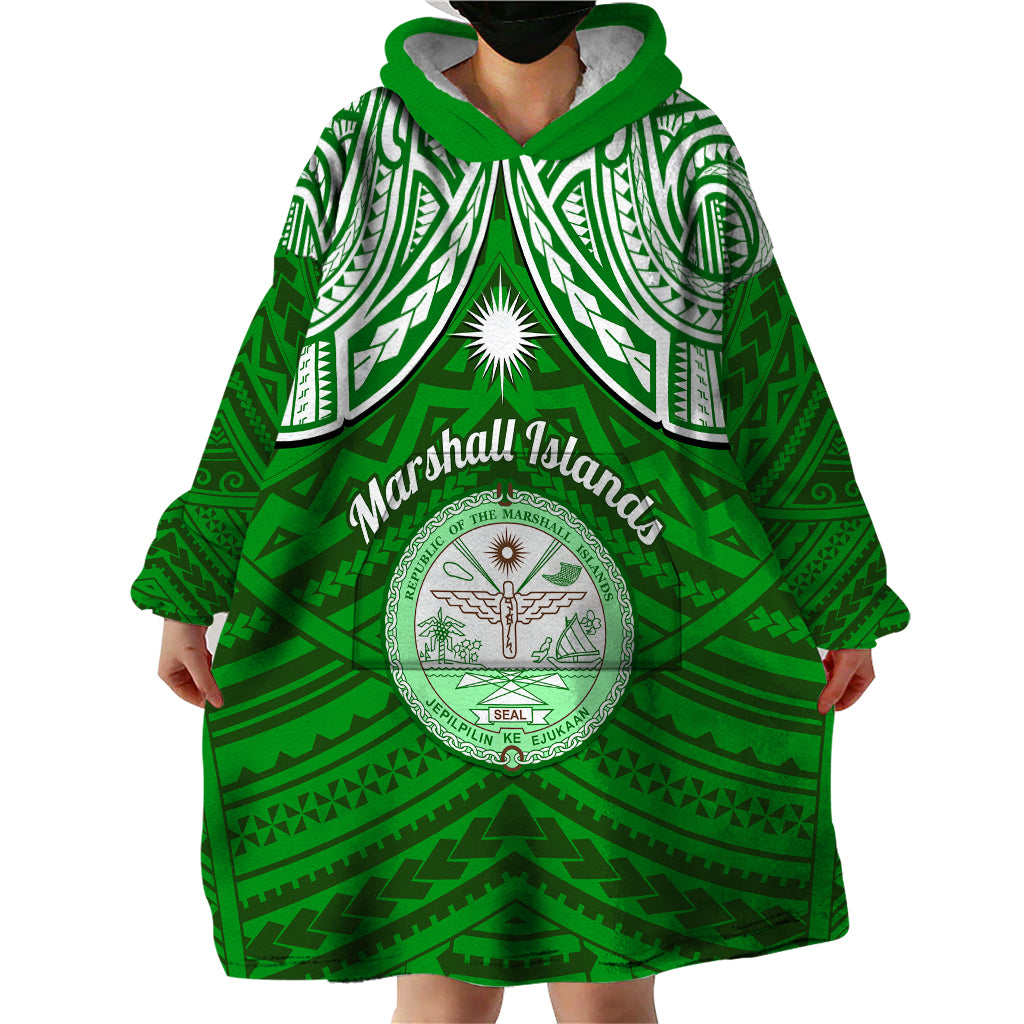 Personalised Marshall Islands Wearable Blanket Hoodie Green Polynesian Tribal Mix Coat Of Arms - Wonder Print Shop