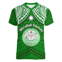 Personalised Marshall Islands Women V Neck T Shirt Green Polynesian Tribal Mix Coat Of Arms - Wonder Print Shop