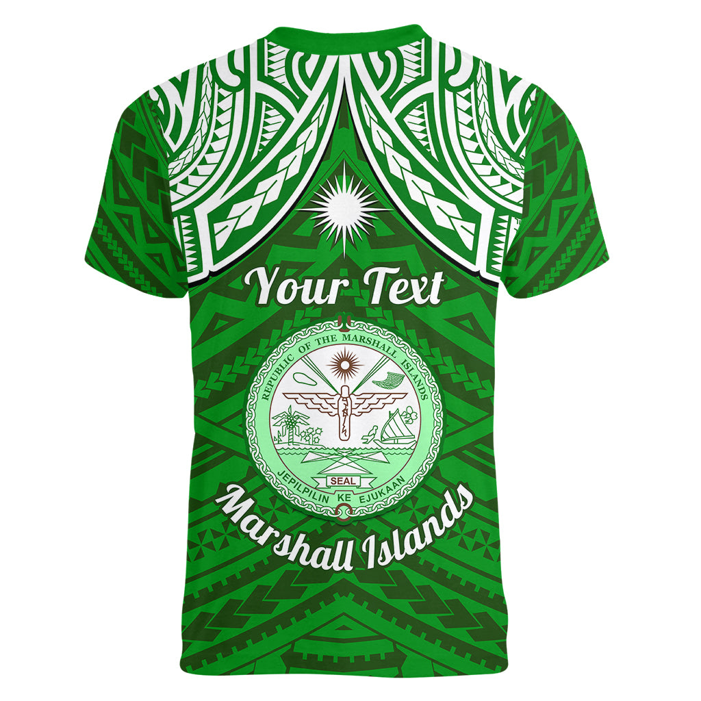 Personalised Marshall Islands Women V Neck T Shirt Green Polynesian Tribal Mix Coat Of Arms - Wonder Print Shop