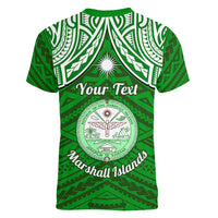 Personalised Marshall Islands Women V Neck T Shirt Green Polynesian Tribal Mix Coat Of Arms - Wonder Print Shop