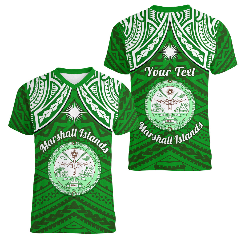 Personalised Marshall Islands Women V Neck T Shirt Green Polynesian Tribal Mix Coat Of Arms - Wonder Print Shop