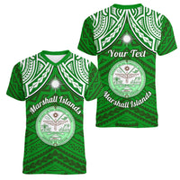 Personalised Marshall Islands Women V Neck T Shirt Green Polynesian Tribal Mix Coat Of Arms - Wonder Print Shop
