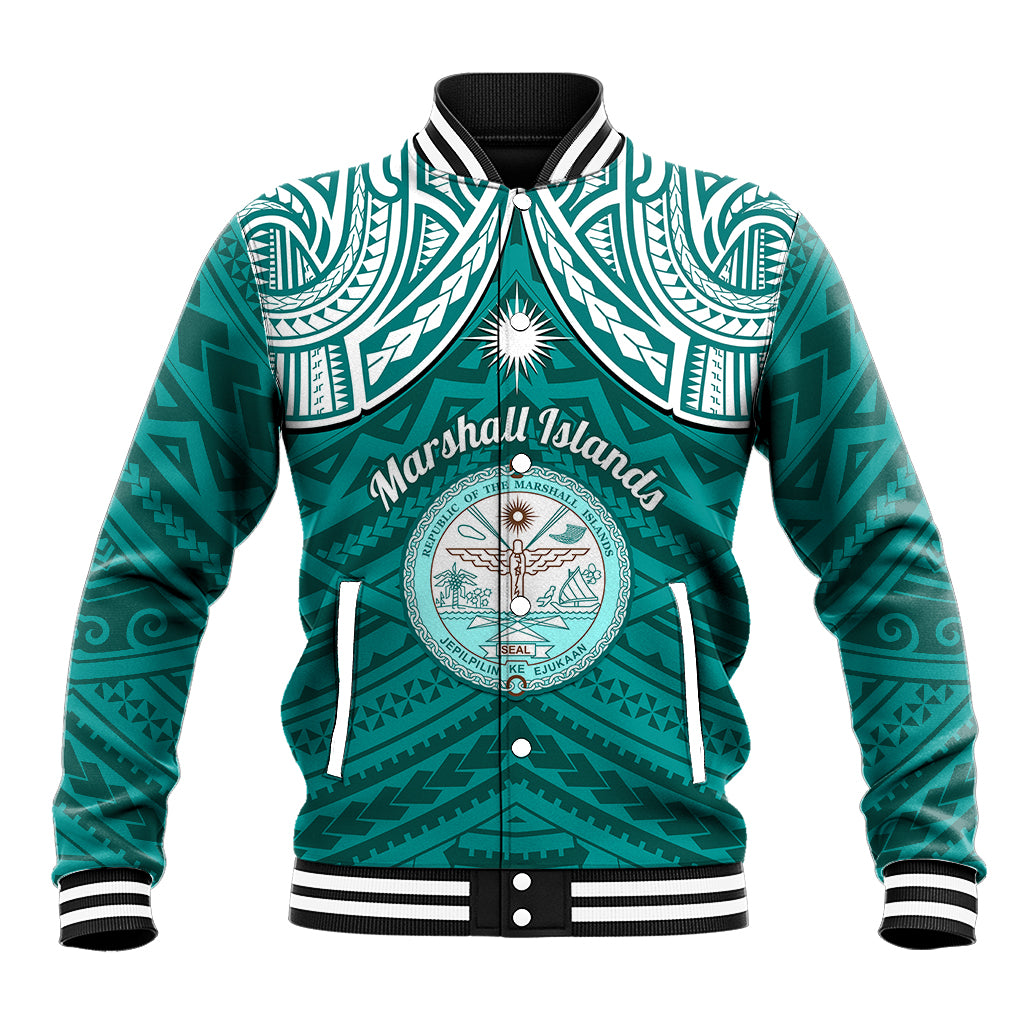 Personalised Marshall Islands Baseball Jacket Turquoise Polynesian Tribal Mix Coat Of Arms - Wonder Print Shop