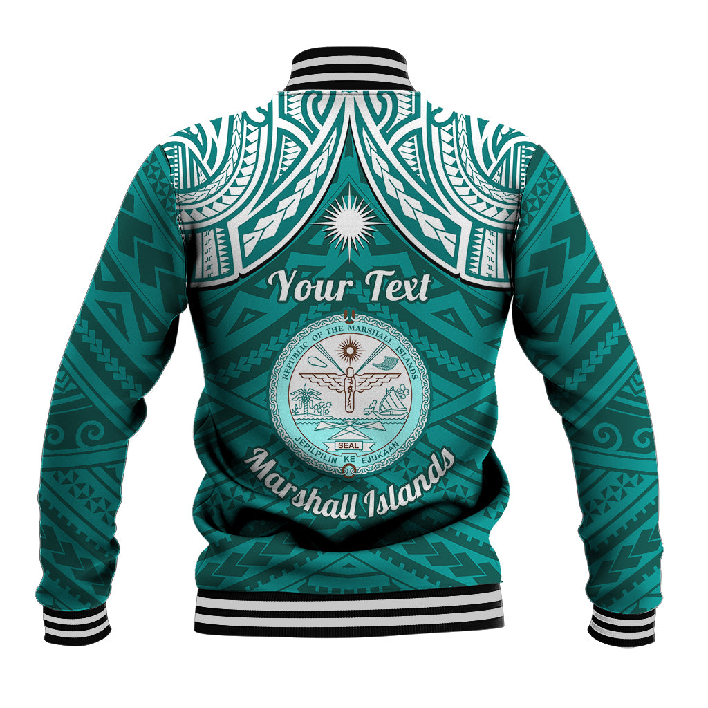 Personalised Marshall Islands Baseball Jacket Turquoise Polynesian Tribal Mix Coat Of Arms - Wonder Print Shop