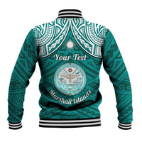 Personalised Marshall Islands Baseball Jacket Turquoise Polynesian Tribal Mix Coat Of Arms - Wonder Print Shop