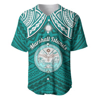 Personalised Marshall Islands Baseball Jersey Turquoise Polynesian Tribal Mix Coat Of Arms - Wonder Print Shop