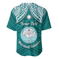 Personalised Marshall Islands Baseball Jersey Turquoise Polynesian Tribal Mix Coat Of Arms - Wonder Print Shop